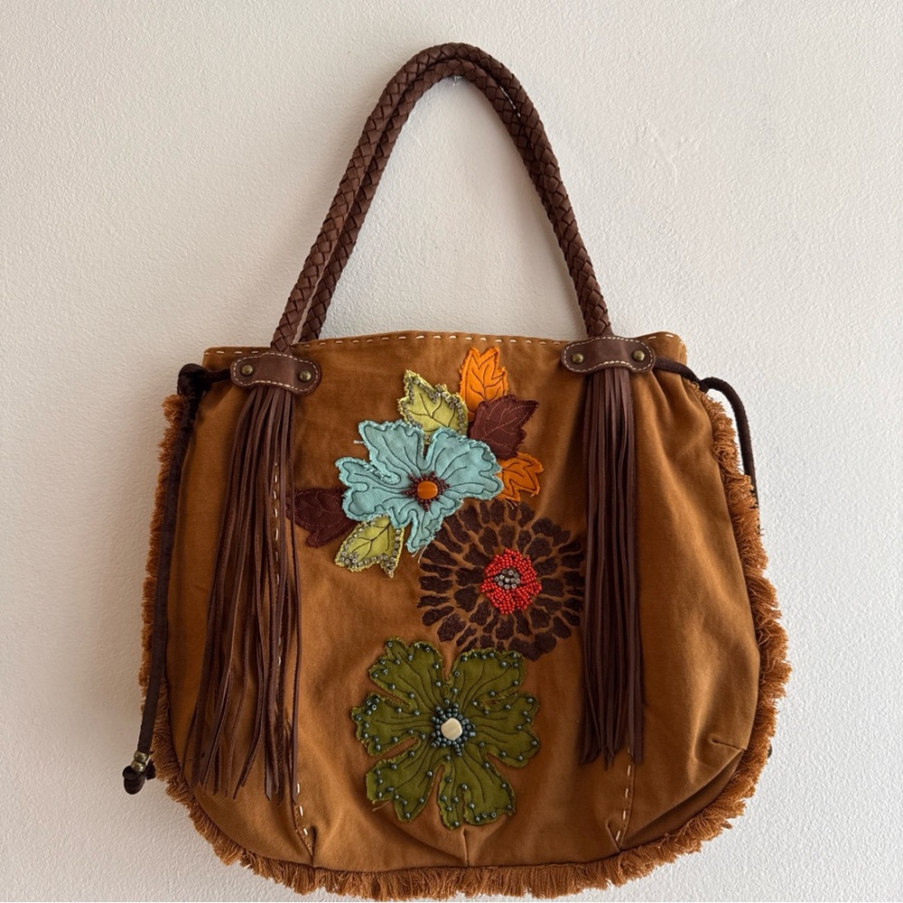 Embroidered Floral Brown Shoulder Bag